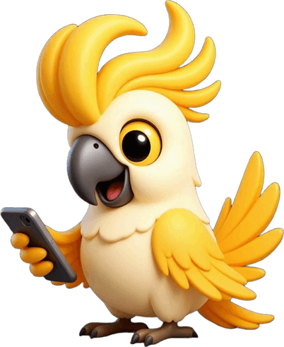 Herald, un cacatoes jaune, tient un téléphone dans sa patte.